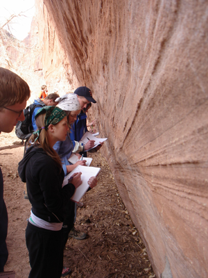 Students observe sedimentary structures in a sandstone wall looming over their heads