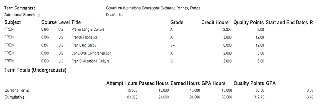 Sample transcript from Hope College