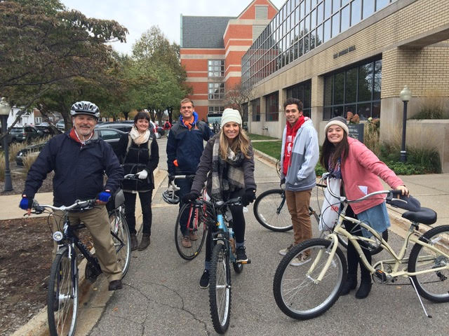 Students and faculty taking a bike tour of Holland