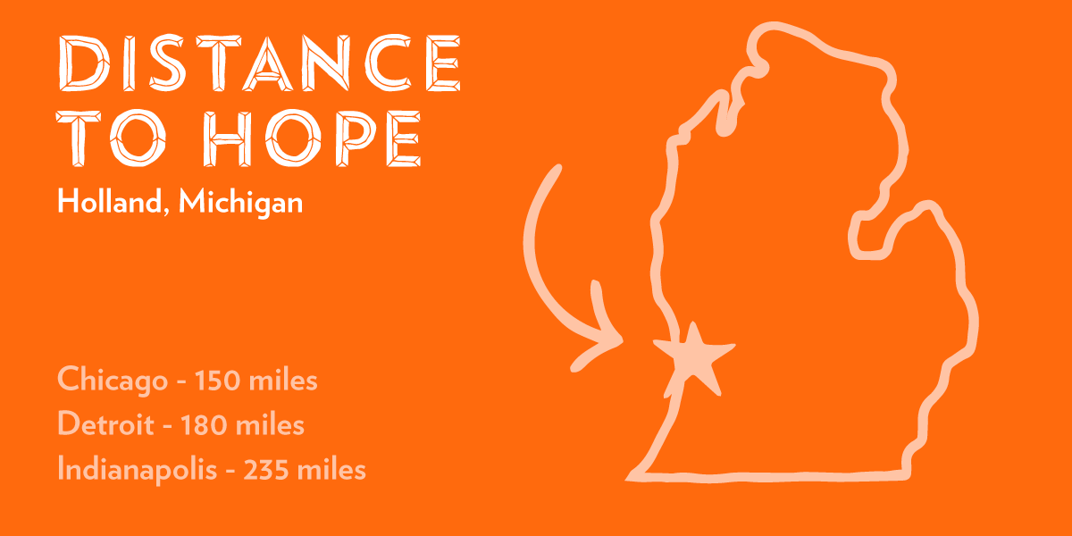 graphic showing Hope’s location in Michigan and distance to larger cities