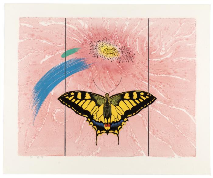 Yellow and blue butterfly encompased by an abstract pink flower