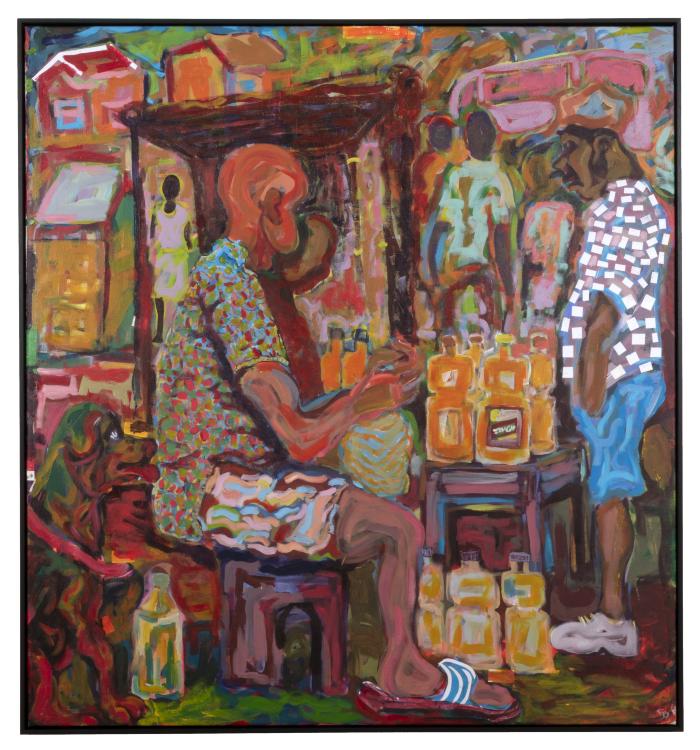 This painting depicts a street vendor selling bottles of cooking oil at a  Zimbabwean street market. The thick paint and collaged stickers capture the colors and rhythms of contemporary life. 