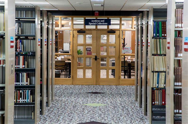 A photo of the doors to Archives and Special Collections