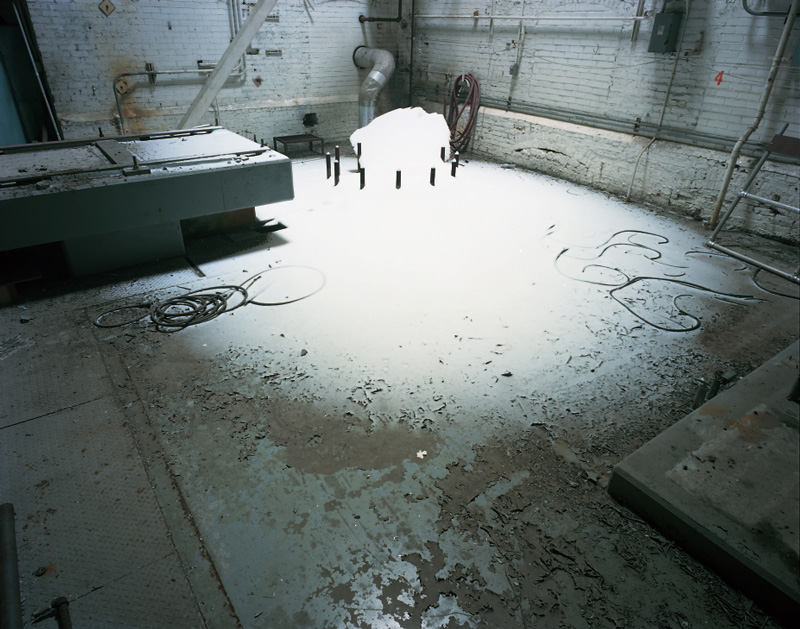 A photo of snow inside an abandoned paper mill in Plainwell, Michigan