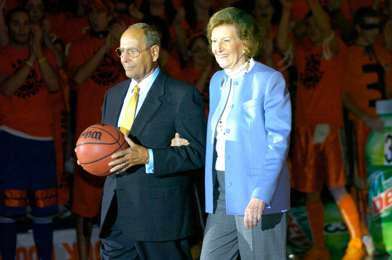 Richard and Helen DeVos present the game ball for the first home men’s basketball game at Hope College’s Richard and Helen DeVos Fieldhouse on Saturday, Nov. 19, 2005.