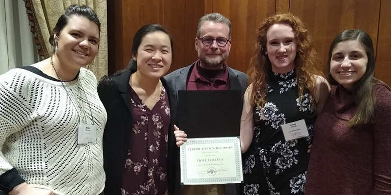 From left to right are:  Molly McClindon (secretary), Lydia Sprik (historian), Dr. Greg Fraley (former club advisor), Brooke Van Wyk (president) and Sally Hakim (vice president).   