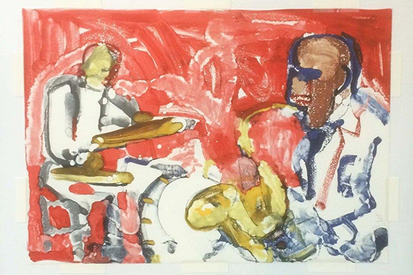 Out Chorus-Rhythm Section  Romare Bearden (American, 1911-1988)  1979  Color lithograph  Hope College Collection, 2016.3.2