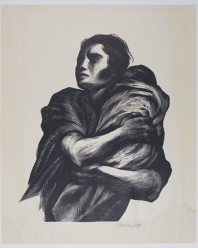 Mother Against War. Andrea Gómez y Mendoza (Mexican, 1926–2012). 1956. Linotype. Hope College Collection, 2016.48.2