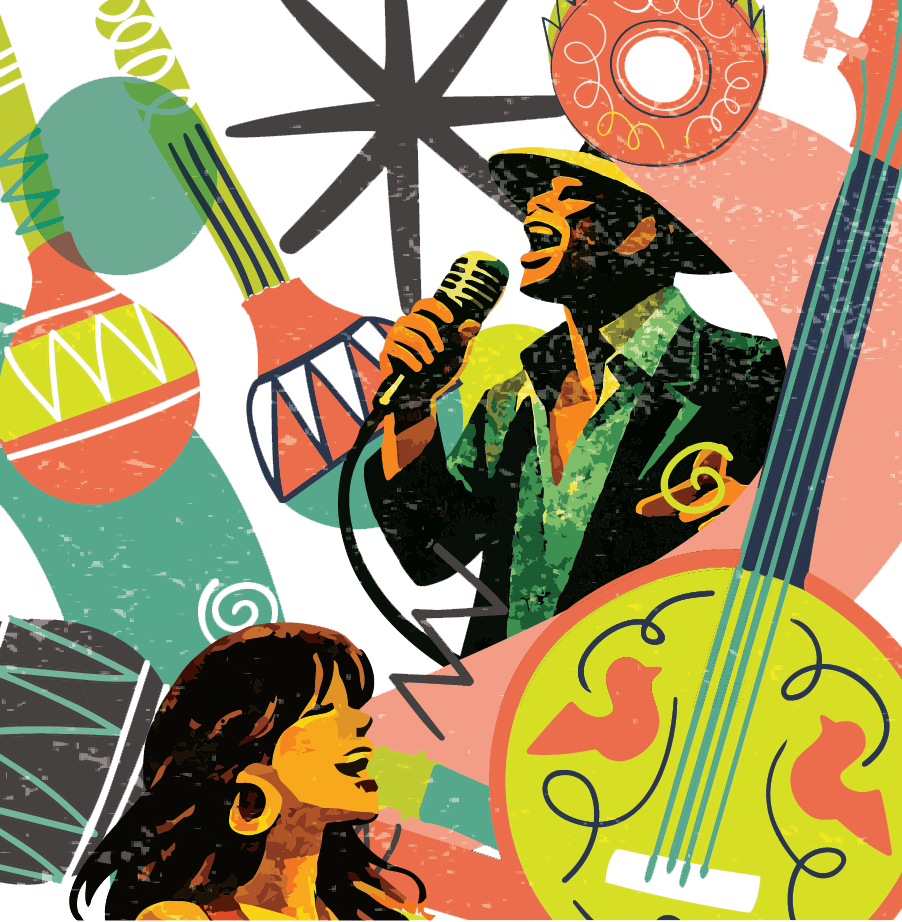 Graphic design featuring instruments and a man and woman performer with a musical and Latin American flair in bright colors