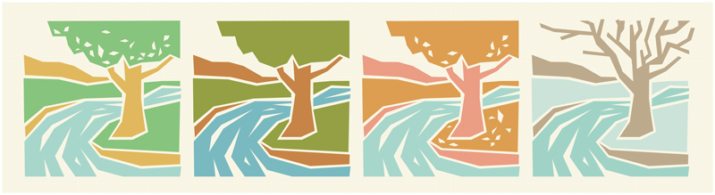 Four woodcut-style graphics of a tree beside a river with different colors for each of the four seasons