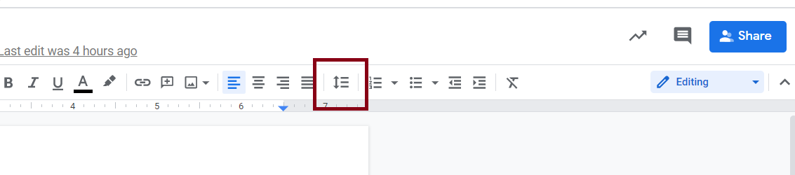 The Paragraph and Line Spacing Options for Google Docs is located on the main toolbar between Justify and Numbered Lists.