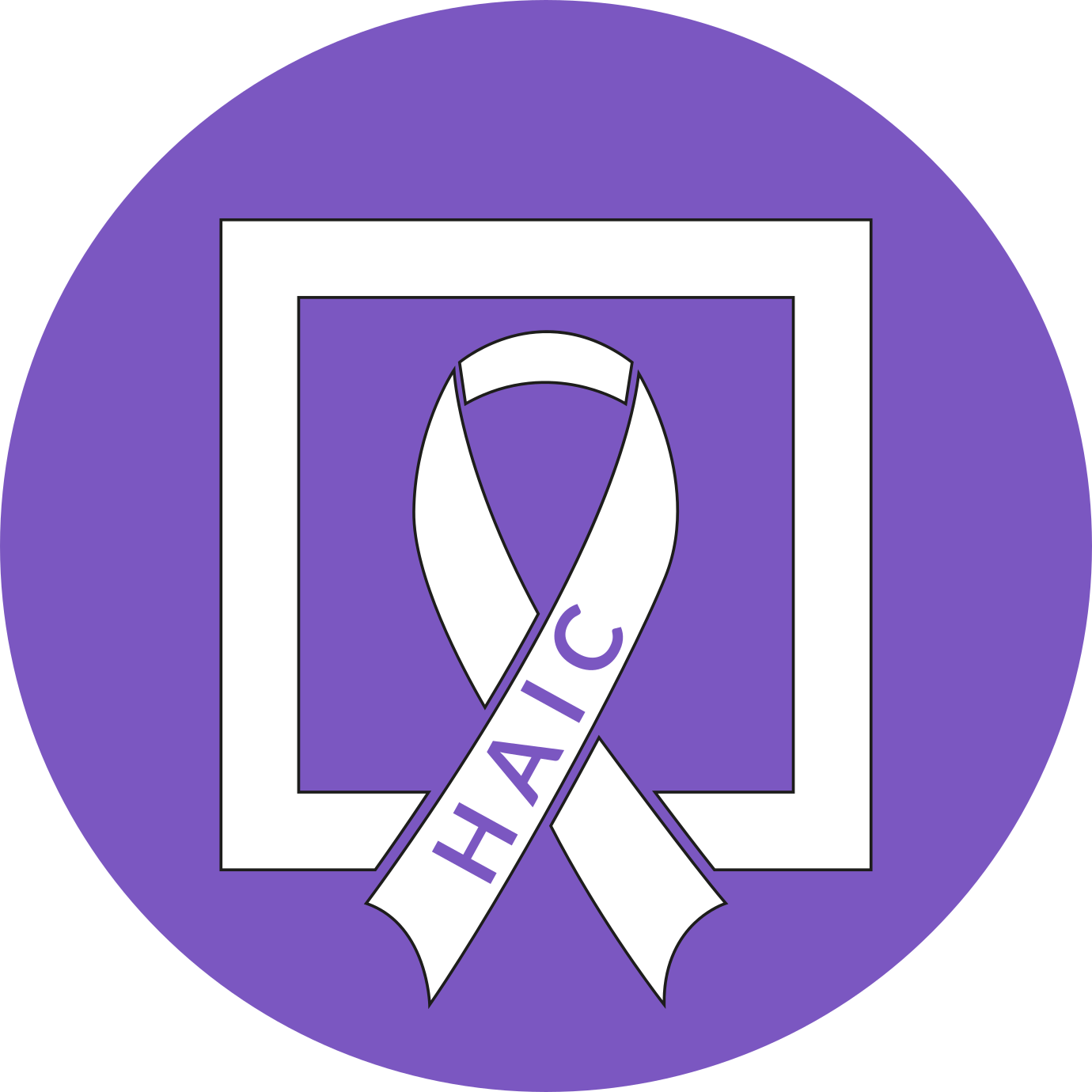 A white awareness ribbon with "HAIC" written on it in purple that is surrounded by a white box. These elements are enclosed by a purcle circle.