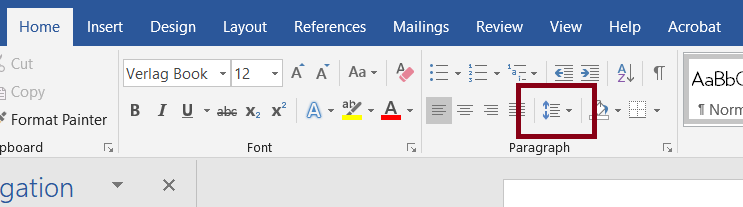 The line and paragraph spacing options for Microsoft Word are located under the "Paragraph" section on the Home tool bar.