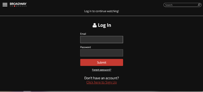 Screenshot of the Broadway On Demand login screen