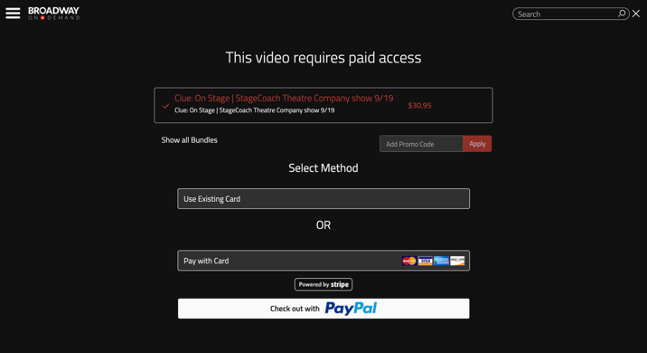 Screenshot of the Broadway On Demand payment screen