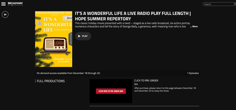 Screenshot of the "It's a Wonderful Life: A Live Radio Play" page on Broadway On Demand