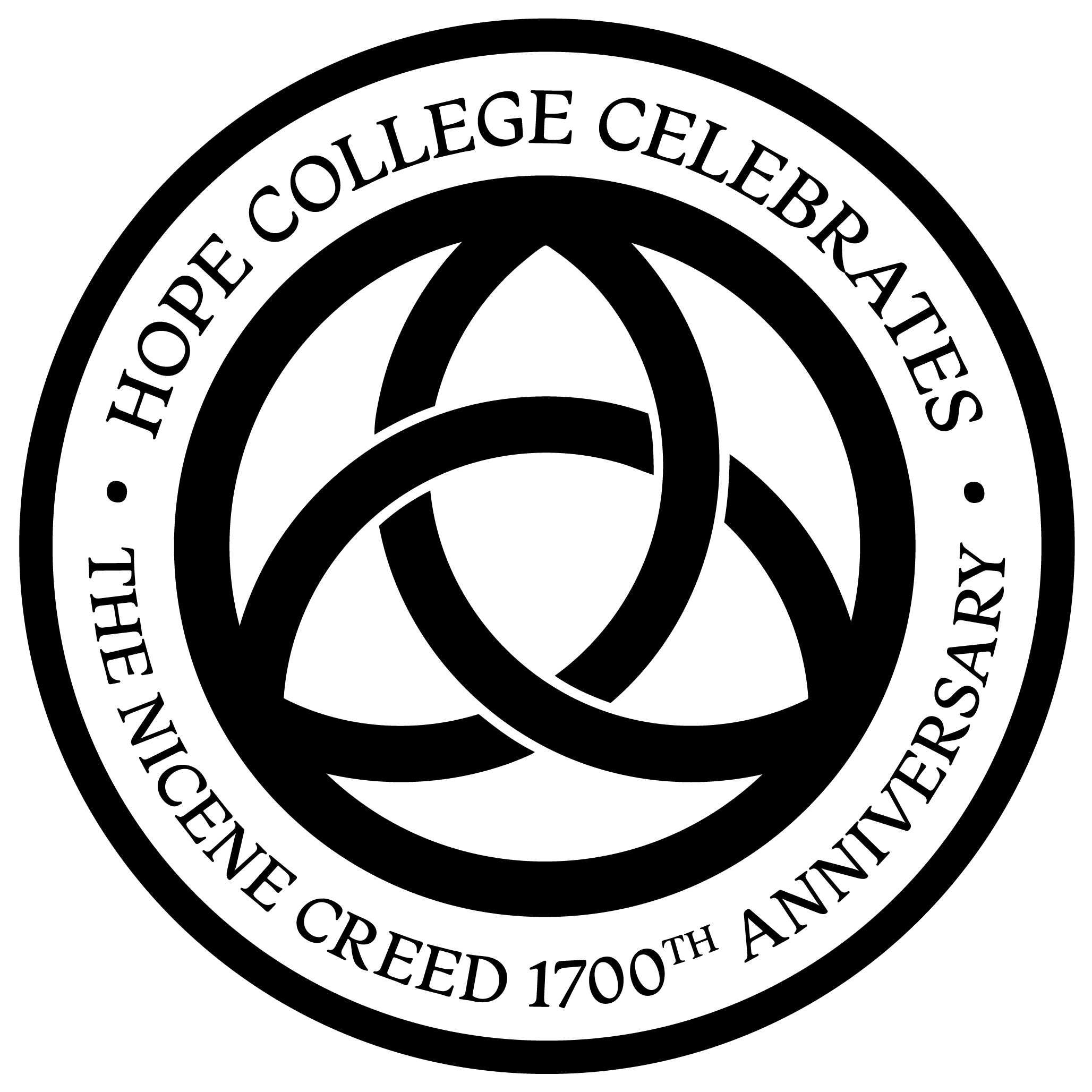 A round graphic with a symbol of the Trinity in the center, surrounded by the text, “Hope College Celebrates the Nicene Creed 1,700th Anniversary”