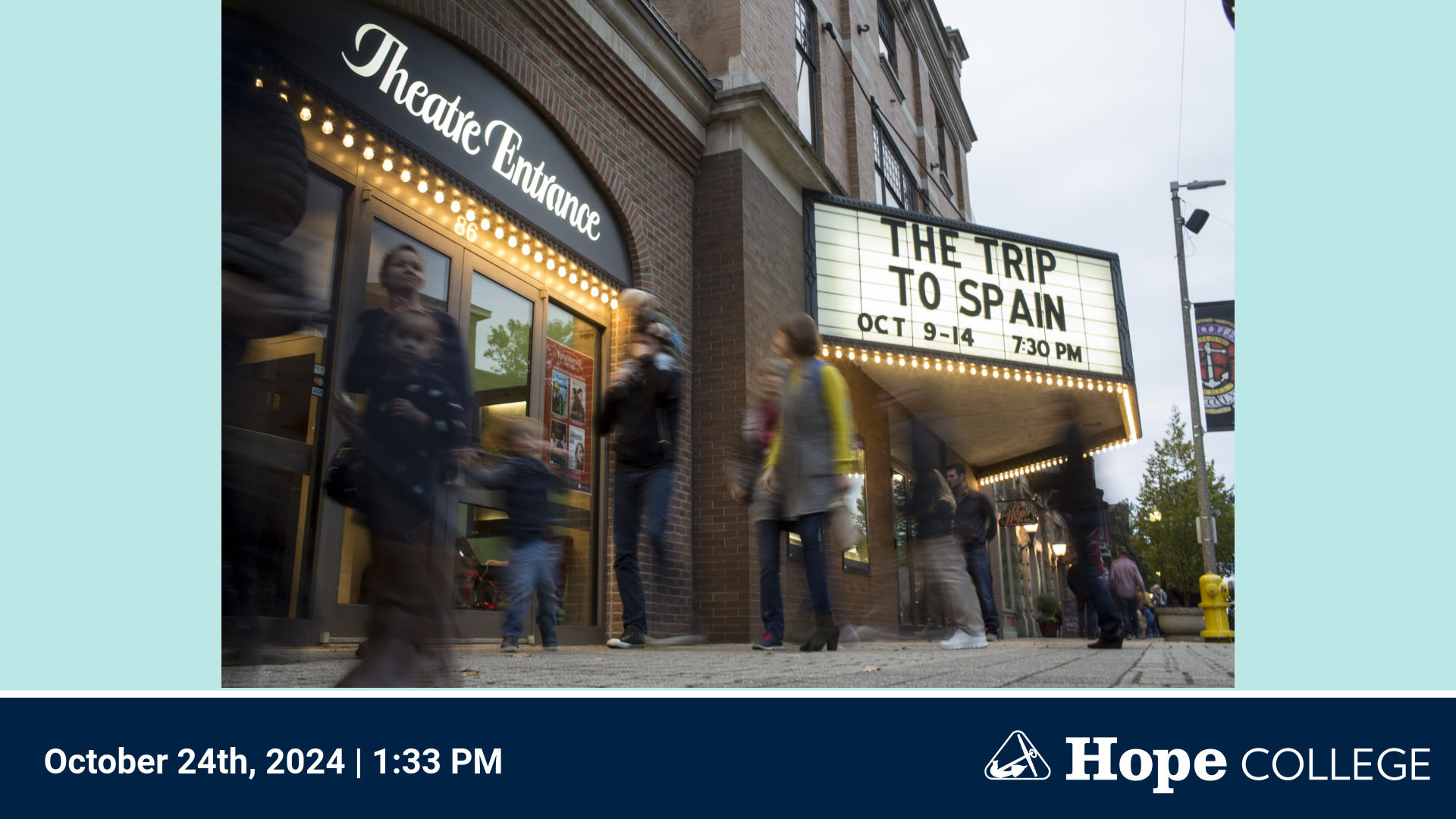 A screenshot of a digital signage screen representative of those around Hope College's campus. It features a 16×9 TV screen divided horizontally, with 80% of the TV featuring a light blue content area and a dark blue bottom bar that stretches the bottom 20%. The bottom bar also features the current date and time in the bottom left and the Hope College logo in the bottom right.