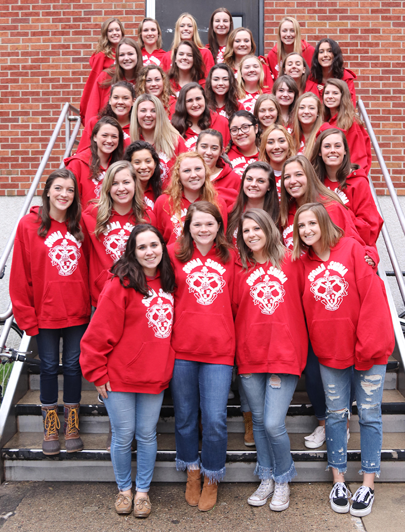 Members of the Sigma Sigma sorority smiling on a staircase